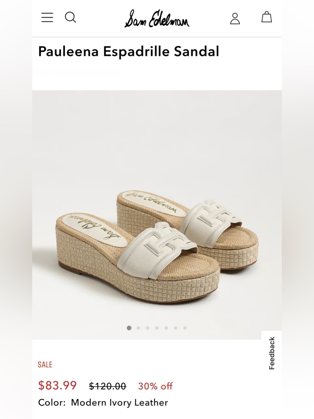 Sam Edelman Pauleena Espadrille Wedge Sandal - Modern Ivory -size 7.5